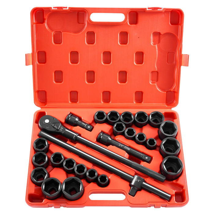 Impact Socket Set 3/4 Inches 27 Piece SAE 7/8 to 2 Inches and Metric 22 to 50 mm
