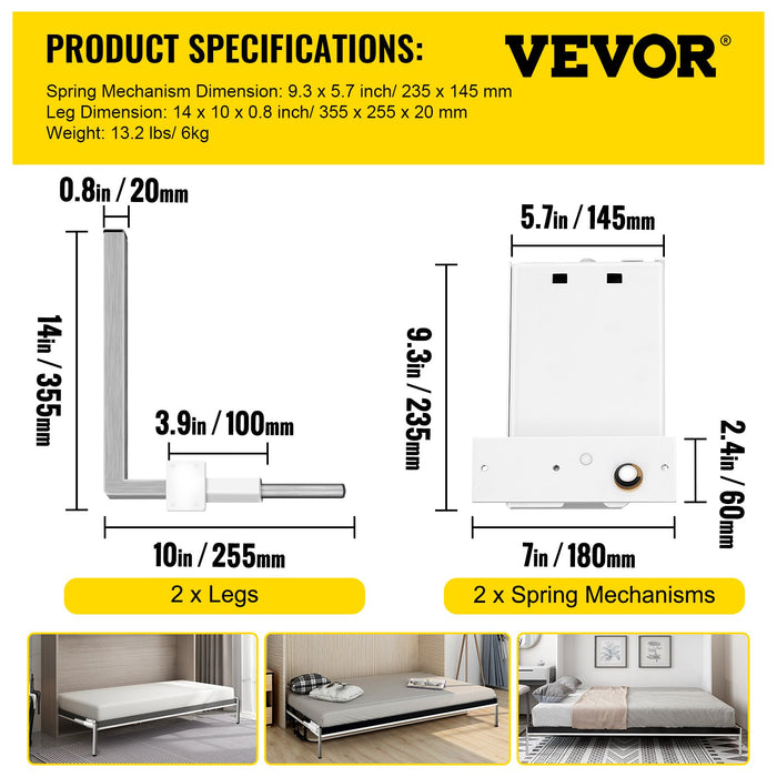 VEVOR DIY Murphy Bed Springs Mechanism Hardware Kit Horizontal for Twin Size Bed
