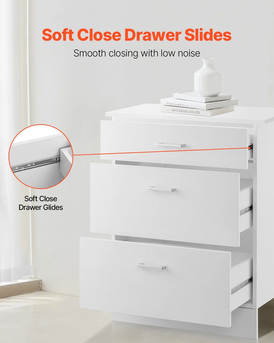 White Shaker Base Cabinet with 3 Drawers, 60 cm Unassembled Drawer Base Cabinet, 60 W x 48 D x 82 H Ready to Assemble Cabinet with Soft-Close Drawer Slides, for Home Office