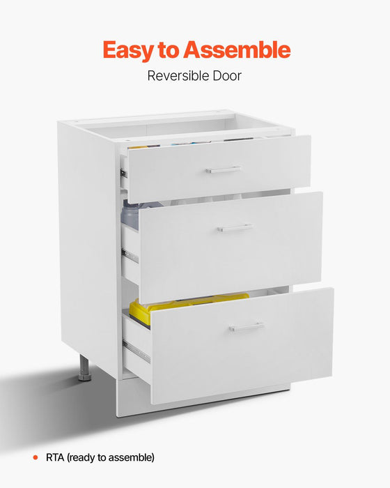White Shaker Base Cabinet with 3 Drawers, 60 cm Unassembled Drawer Base Cabinet, 60 W x 48 D x 82 H Ready to Assemble Cabinet with Soft-Close Drawer Slides, for Home Office