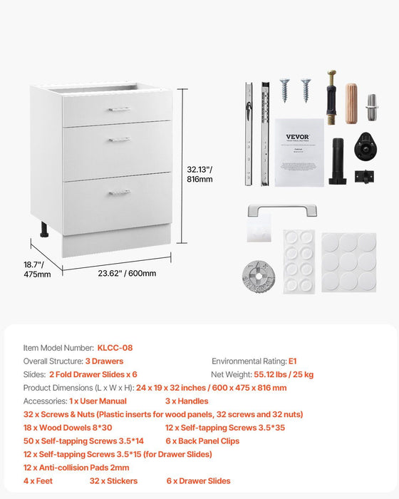 White Shaker Base Cabinet with 3 Drawers, 60 cm Unassembled Drawer Base Cabinet, 60 W x 48 D x 82 H Ready to Assemble Cabinet with Soft-Close Drawer Slides, for Home Office
