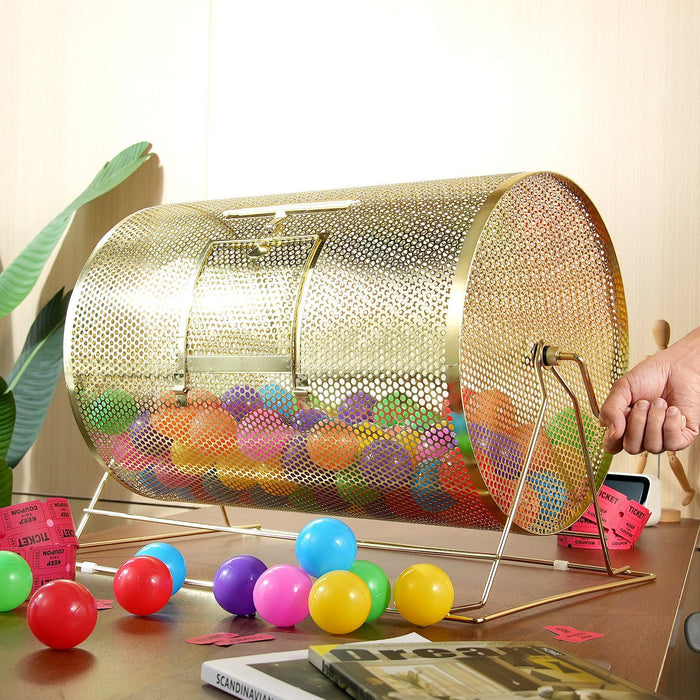 Raffle Drum, 14.8 x Ø21.26 inch Brass Plated Raffle Ticket Spinning Cage, Holds 10000 Tickets or 300 Ping Pong Balls, Metal Lottery Spinning Drawing with Wooden Turning Handle, for Bingo Ballot