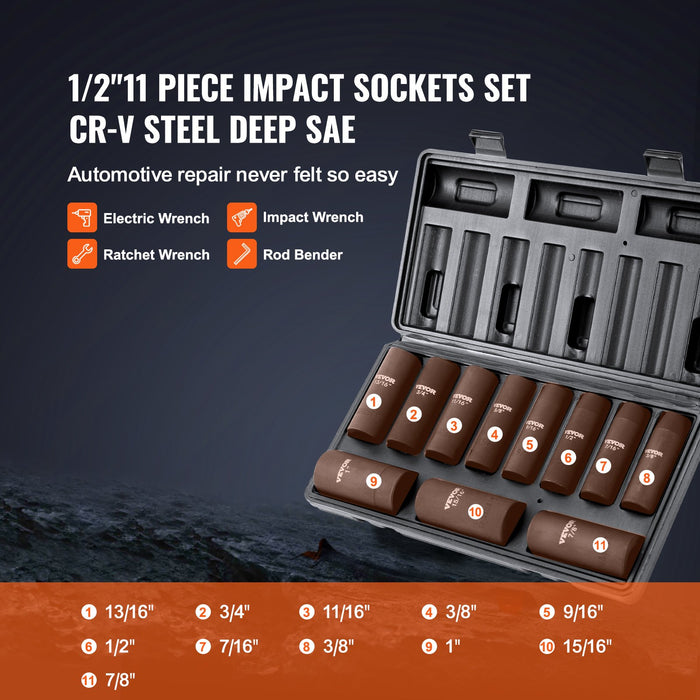 VEVOR 1/2" Drive Impact Socket Set, 11 Piece Deep Socket Set SAE 3/8"-1", 6 Point CR-V Alloy Steel for Auto Repair, Easy-to-Read Size Markings, Rugged Construction, Includes Storage Case