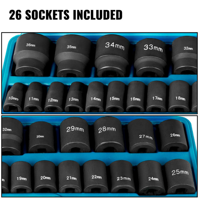 VEVOR Impact Sockets Set 1/2 Inch Drive 26PCS Standard Length Impact Set 6-Point