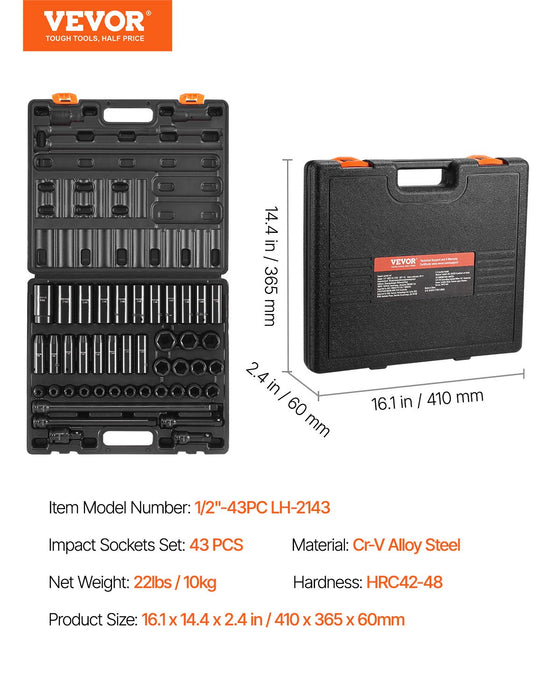 VEVOR Impact Socket Set 43 Piece Impact Sockets, Standard Socket Assortment, Drive Socket Set 6-Point Sockets Metric 9-30mm (Standard/Deep)