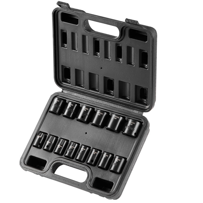 VEVOR 3/8" Drive Impact Socket Set, 14 Piece Shallow Socket Set Metric 7-20mm, 6 Point Cr-Mo Alloy Steel for Auto Repair, Easy-to-Read Size Markings, Rugged Construction, Includes Storage Case