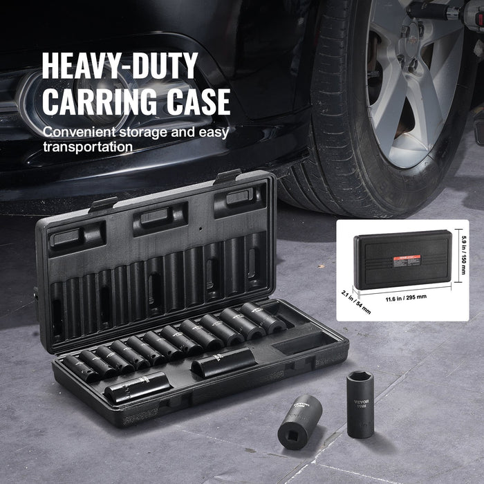 VEVOR 3/8" Drive Impact Socket Set, 15 Piece Deep Socket Set Metric 8-22mm, 6 Point Cr-Mo Alloy Steel for Auto Repair, Easy-to-Read Size Markings, Rugged Construction, Includes Storage Case