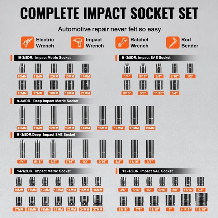 VEVOR Impact Sockets Set 130PCS 6-Point 3/8" & 1/2" Drive Bit Ratchet Tool Kit