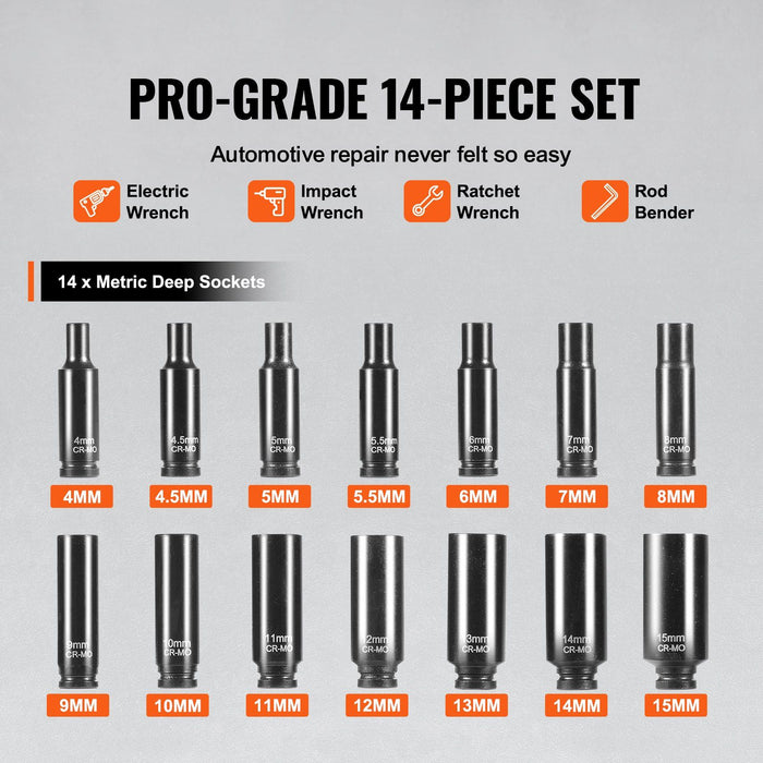 1/4" Drive Impact Socket Set, 14 Piece Deep Socket Set Metric 4-15mm, 6 Point Cr-Mo Alloy Steel for Auto Repair, Easy-to-Read Size Markings, Rugged Construction, Socket Organizer