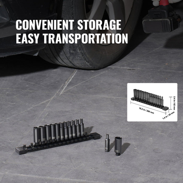 1/4" Drive Impact Socket Set, 14 Piece Deep Socket Set Metric 4-15mm, 6 Point Cr-Mo Alloy Steel for Auto Repair, Easy-to-Read Size Markings, Rugged Construction, Socket Organizer