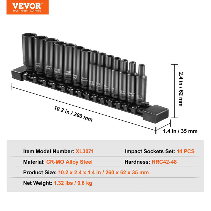 1/4" Drive Impact Socket Set, 14 Piece Deep Socket Set Metric 4-15mm, 6 Point Cr-Mo Alloy Steel for Auto Repair, Easy-to-Read Size Markings, Rugged Construction, Socket Organizer
