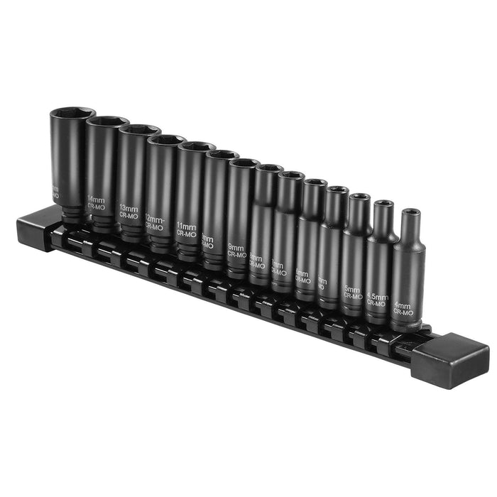 1/4" Drive Impact Socket Set, 14 Piece Deep Socket Set Metric 4-15mm, 6 Point Cr-Mo Alloy Steel for Auto Repair, Easy-to-Read Size Markings, Rugged Construction, Socket Organizer