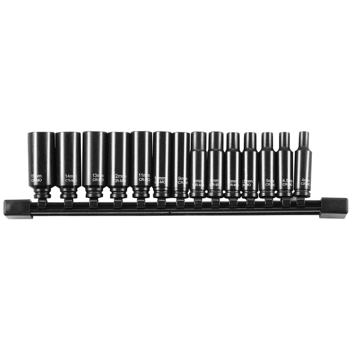 1/4" Drive Impact Socket Set, 14 Piece Deep Socket Set Metric 4-15mm, 6 Point Cr-Mo Alloy Steel for Auto Repair, Easy-to-Read Size Markings, Rugged Construction, Socket Organizer