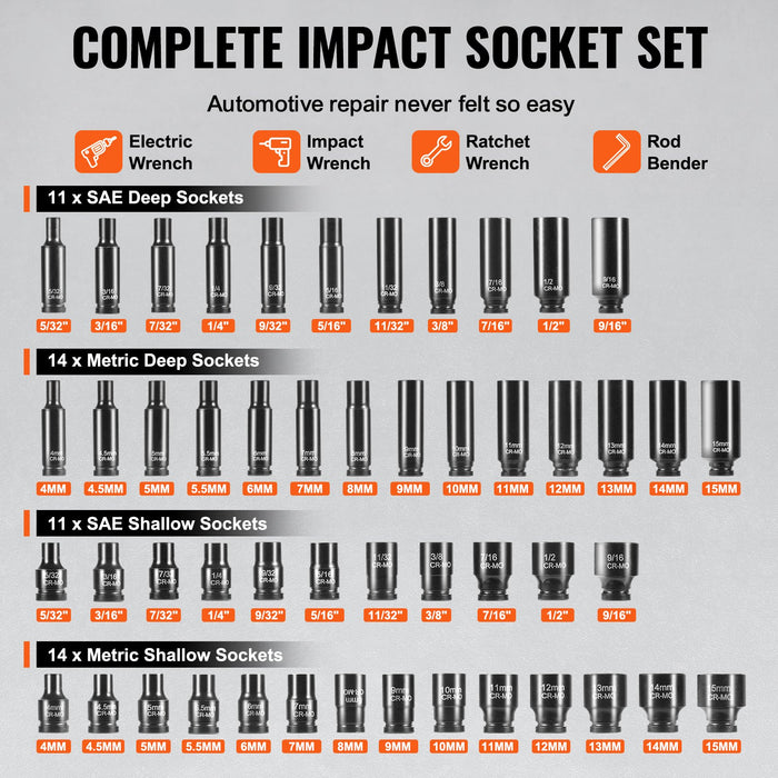 VEVOR 1/4" Drive Impact Socket Set, 55 Piece Deep & Shallow Socket Set SAE 5/32"-9/16" and Metric 4-15mm, 6 Point CR-V Alloy Steel for Auto Repair, Easy-to-Read Size Markings, Storage Case