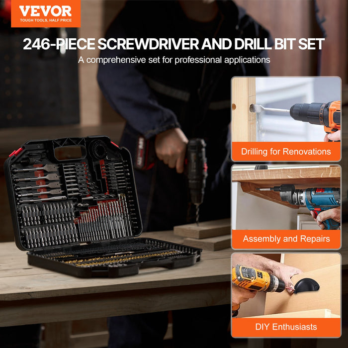 VEVOR Drill Bit Set, 246 Pieces Drill and Driver Bit Set, Screwdriver Bit Set Suitable for Wood Metal Cement Drilling and Screw Driving, Drill Bit Sets Combo Kit Assorted in Organized Carrying Case