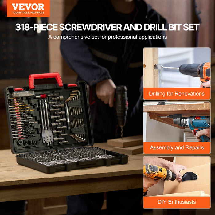 VEVOR Drill Bit Set, 318 Pieces Drill and Driver Bit Set, Screwdriver Bit Set Suitable for Wood Metal Cement Drilling and Screw Driving, Drill Bit Sets Combo Kit Assorted in Organized Carrying Case