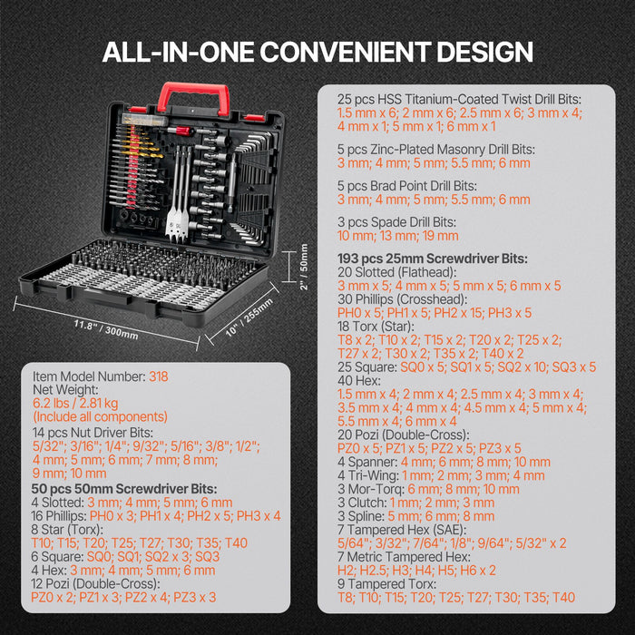 VEVOR Drill Bit Set, 318 Pieces Drill and Driver Bit Set, Screwdriver Bit Set Suitable for Wood Metal Cement Drilling and Screw Driving, Drill Bit Sets Combo Kit Assorted in Organized Carrying Case