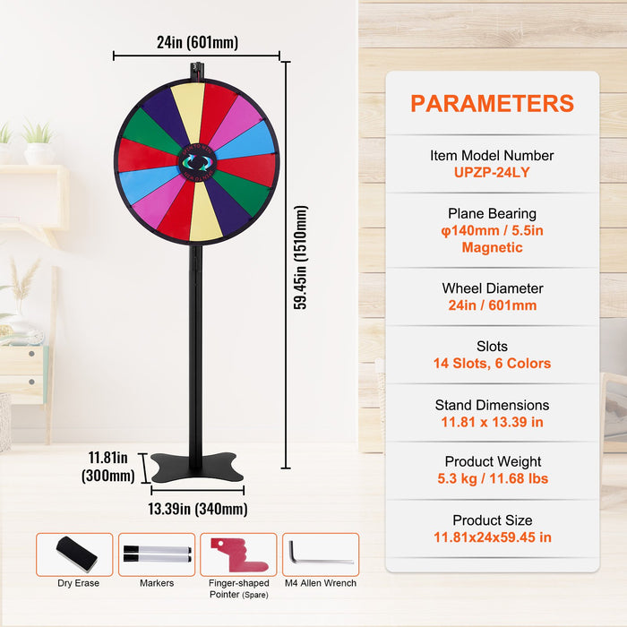 VEVOR 24 inch Spinning Prize Wheel, 14 Slots Spinning Wheel, Roulette Wheel with a Dry Erase and 2 Markers, Tabletop or Floor Standing Win Fortune Spin Games in Party Pub Trade Show Carnival