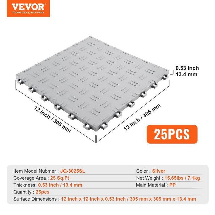Garage Tiles Interlocking, 305 x 305 x 13.4 mm 25 Pack Garage Floor Covering Tiles, Non-Slip Double-Sided Texture Garage Flooring Tiles, for Garages, Basements, Repair Shops, Silver