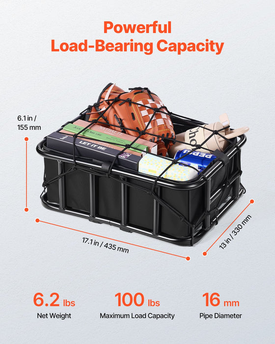VEVOR Rear Bike Basket, Medium Bicycle Basket with Cargo Net, Liner & Waterproof Cover, Heavy Duty Bike Back Basket for Adult Women/Men Carrying Dogs, Pets, Fruit & Grocery, Mounting Tools Included