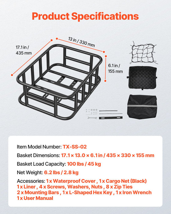 VEVOR Rear Bike Basket, Medium Bicycle Basket with Cargo Net, Liner & Waterproof Cover, Heavy Duty Bike Back Basket for Adult Women/Men Carrying Dogs, Pets, Fruit & Grocery, Mounting Tools Included