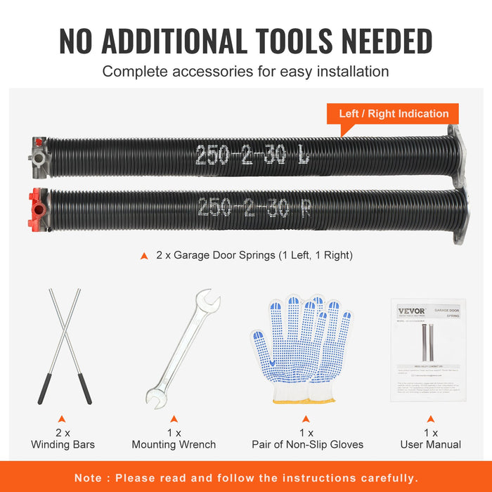 VEVOR Garage Door Torsion Springs, 16000 Cycles, Pair of 0.25 x 2 x 30inch, Garage Door Springs with Non-Slip Winding Bars, Mounting Tool and Gloves, Electrophoresis Coated, for Replacement