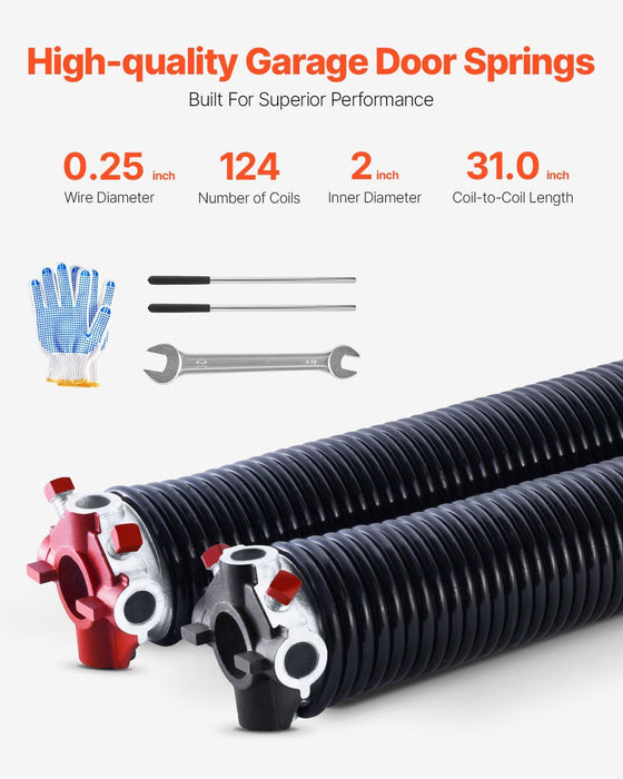 Garage Door Torsion Springs, Pair of 6.35 x 50.8 x 787 mmn, 16000 Cycles, Electrophoresis Black Coated for Replacement, Garage Door Springs with Non-Slip Winding Bars, Gloves and Mounting Wrench