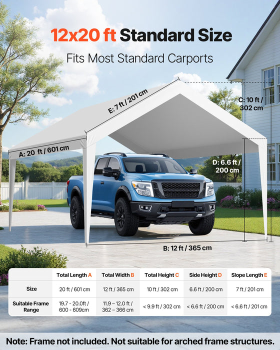 VEVOR Carport Replacement Canopy, 6 x 3.6 m Potable Garage Tent Top Tarp, UV-Resistant & Waterproof Car Shelter Tarp, Heavy Duty Car Port Cover with Ball Buggees, White, Frame Not Included
