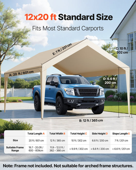 VEVOR Carport Replacement Canopy, 6 x 3.6 m Potable Garage Tent Top Tarp, UV-Resistant & Waterproof Car Shelter Tarp, Heavy Duty Car Port Cover with Ball Buggees, Beige, Frame Not Included