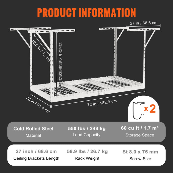 VEVOR Overhead Adjustable Garage Storage Rack 36x72in Ceiling Rack 550lbs White