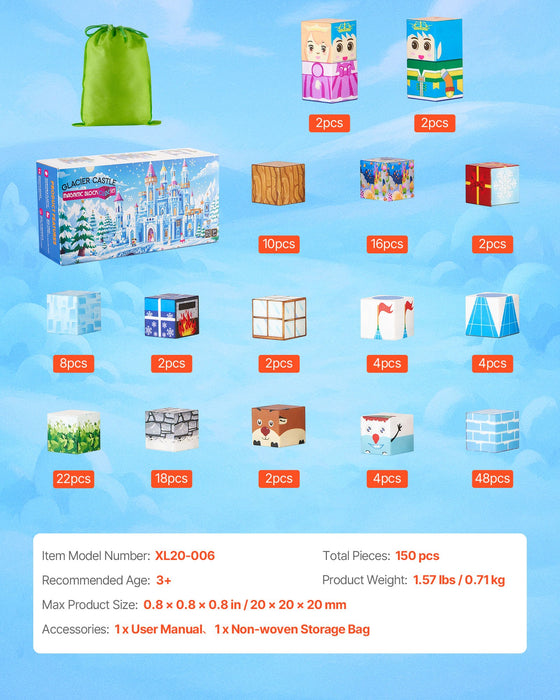 VEVOR Magnetic Blocks, 150 PCS Glacier Castle Set, Magnetic Building Cubes for Kids, STEM Montessori Sensory Toys for Christmas Birthday Gift, Construction Stacking Toy for 3+ Years Old Boys & Girls
