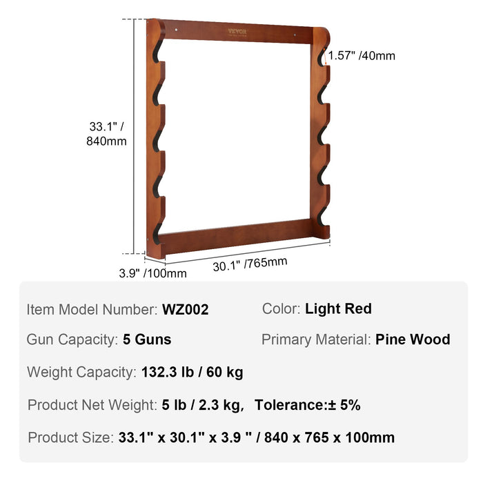 VEVOR Gun Rack, Wood Gun Rack Wall Mount, Gun Display Rack holds 5 Rifles, Shotguns, 132 lb Heavy Duty Wall Storage Display Rifle Rack with Soft Padding