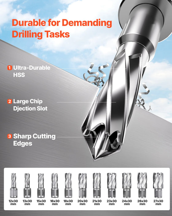 VEVOR Magnetic Drill, 1400W Motor 1.6 in Boring Diameter, 2810 lbf Portable Electric Mag Drill Press, with 11 Coring Bits, 800 RPM Speed, Drilling Machine for Metal Surface, Home Improvement Industry