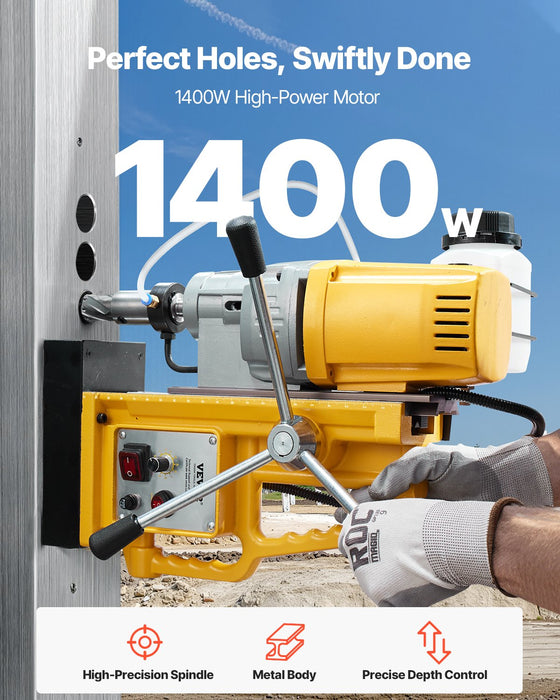 VEVOR Magnetic Drill, 1400W Motor 2 in Boring Diameter, 2922 lbf Portable Electric Mag Drill Press, 0-750 RPM Variable Speed, Drilling Machine for Metal Surface, Industrial and Home Improvement