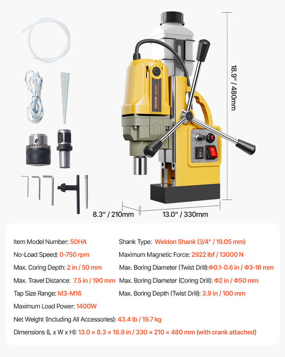 VEVOR Magnetic Drill, 1400W Motor 2 in Boring Diameter, 2922 lbf Portable Electric Mag Drill Press, 0-750 RPM Variable Speed, Drilling Machine for Metal Surface, Industrial and Home Improvement