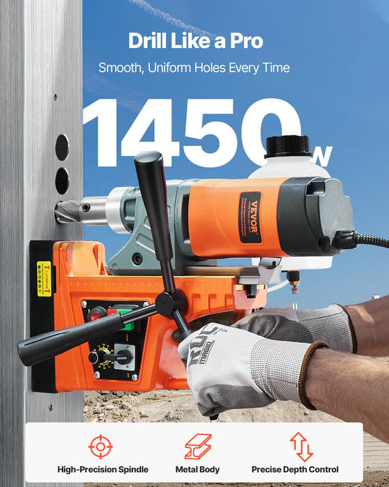 VEVOR Magnetic Drill, 1450W Motor 1.6 in Boring Diameter, 2810 lbf Portable Electric Mag Drill Press, with 2 Coring Bits, Variable Speed, Drilling Machine for Metal Surface, Home Improvement Industry