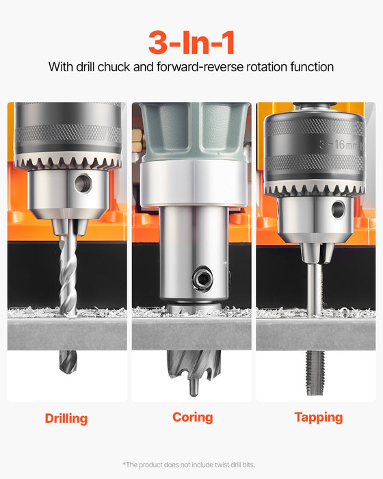 VEVOR Magnetic Drill, 1450W Motor 1.6 in Boring Diameter, 2810 lbf Portable Electric Mag Drill Press, with 2 Coring Bits, Variable Speed, Drilling Machine for Metal Surface, Home Improvement Industry