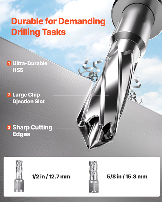 VEVOR Magnetic Drill, 1450W Motor 1.6 in Boring Diameter, 2810 lbf Portable Electric Mag Drill Press, with 2 Coring Bits, Variable Speed, Drilling Machine for Metal Surface, Home Improvement Industry