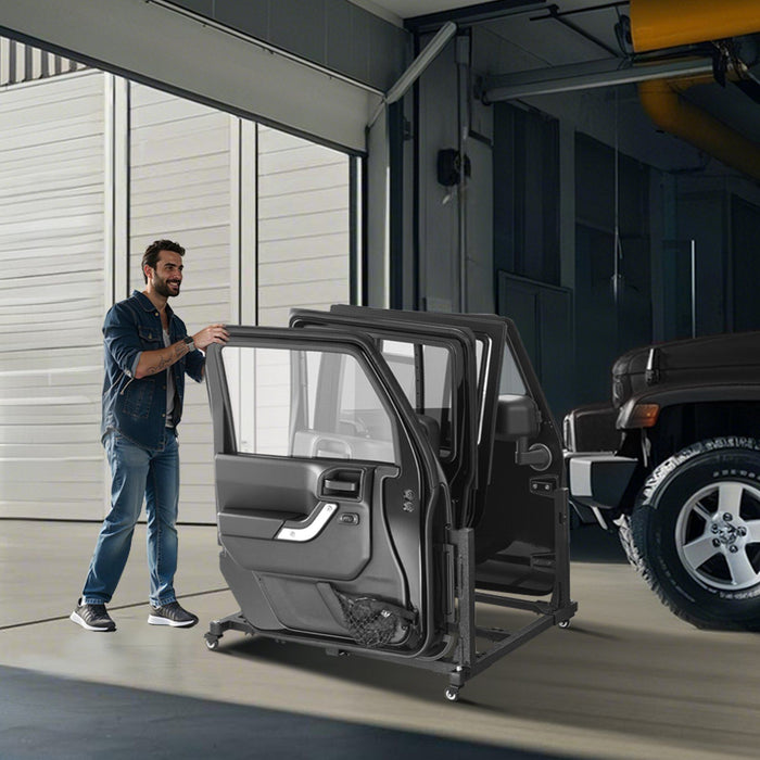 Jeep Door Storage Cart, 4 Doors Moveable Storage Cart Rack with Thickened Rubber Cushion, Sturdy Car Door Holder Cart Fit for Jeep Wrangler JK JKU JL Gladiator