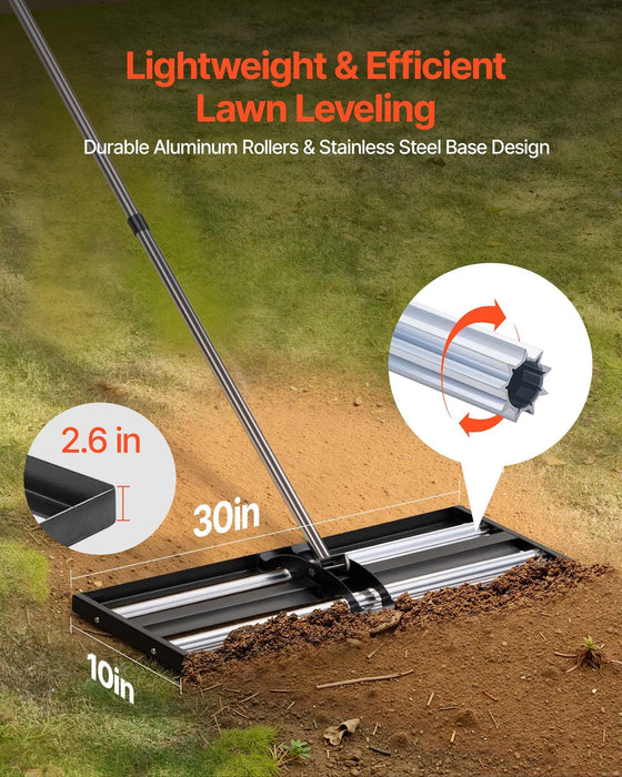 Updated Lawn Leveling Rake with Roller, 30" x 10" Stainless Steel Lawn Leveler with 83.9" Adjustable Handle, Heavy Duty Yard Leveling Rake, Effort Saving Lawn Leveling Tool for Yard Golf Court