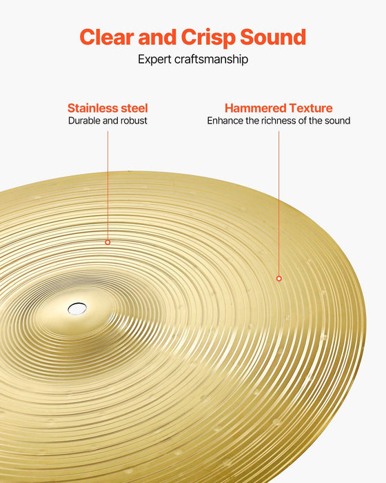 Cymbal Pack, 3 Pieces Cymbals for Drum Set, Alloy Cymbals Drum Set Includes 35.5 cm Hi-Hats, 40 cm Crash, 50.5 cm Ride, Drumsticks & Cymbal Bag, Alloy Cymbal Pack for Drummer, Bright Copper