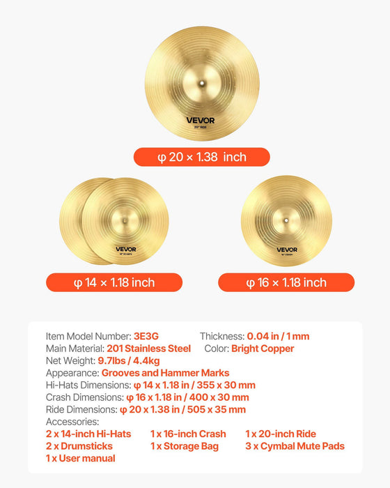Cymbal Pack, 3 Pieces Cymbals for Drum Set, Alloy Cymbals Drum Set Includes 35.5 cm Hi-Hats, 40 cm Crash, 50.5 cm Ride, Drumsticks & Cymbal Bag, Alloy Cymbal Pack for Drummer, Bright Copper