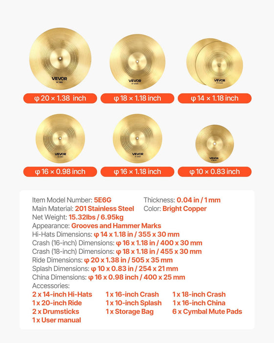 Cymbal Pack, 6 Pieces Cymbals for Drum Set, Alloy Cymbals Drum Set Includes 35.5 cm Hi-Hats, 40 cm Crash, 45.5 cm Crash, 50.5 cm Ride, 25.4 cm Splash, 40 cm China, Drumsticks & Cymbal Bag