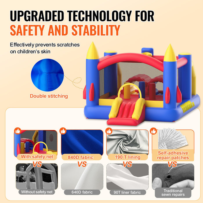 VEVOR Inflatable Bounce House, Outdoor High Quality Playhouse Trampoline, Jumping Bouncer with Blower, Slide, and Storage Bag, Family Backyard Bouncy Castle, for Kid Ages 3_8 Years, 4.0x2.4x2.4m