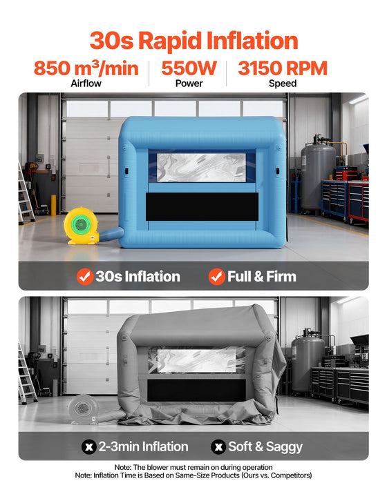 Inflatable Paint Booth, 3 x 2.5 x 2.5 m, Inflatable Spray Booth with 550W Powerful Blower and Air Filter System, Round Roof with Light Hook, for Painting Bicycle, Motorcycle, and Furniture