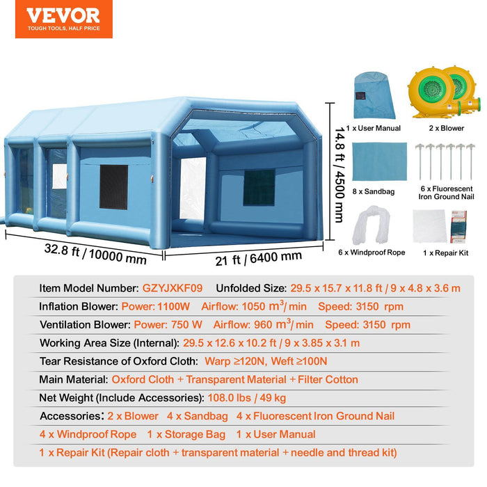 Inflatable Paint Booth, 32.8 x 21 x 14.8 ft Inflatable Spray Booth, with 1100W+750W Powerful Blowers and Air Filter System, Portable Car Paint Booth for Large Truck, Large Van, Large Machinery