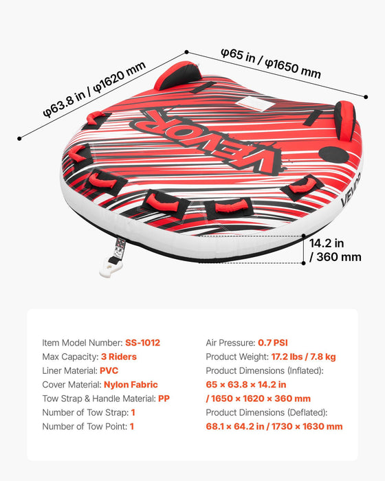 Towable Tube for Boating, 3 Riders Inflatable Boat Tubes and Towables, 231 kg Capacity Water Sport Towable Tube for Boat to Pull - with Fins, Full Nylon Cover, Padded Handles & Safety Valve