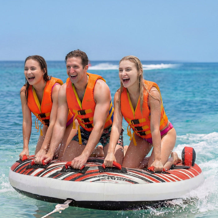 Towable Tube for Boating, 3 Riders Inflatable Boat Tubes and Towables, 231 kg Capacity Water Sport Towable Tube for Boat to Pull - with Fins, Full Nylon Cover, Padded Handles & Safety Valve