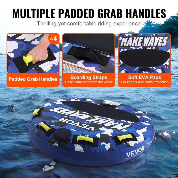 VEVOR Towable Tube for Boating, 1-2 Riders Inflatable Boat Tubes and Towables, 340 lbs, 51.8" Round Water Sport Towable Tube for Boat to Pull, Full Nylon Cover, EVA Grab Handles and Speed Safety Valve