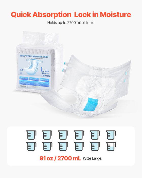 VEVOR Adult Briefs with Adhesive Tabs Incontinence Briefs for Men Women L Size